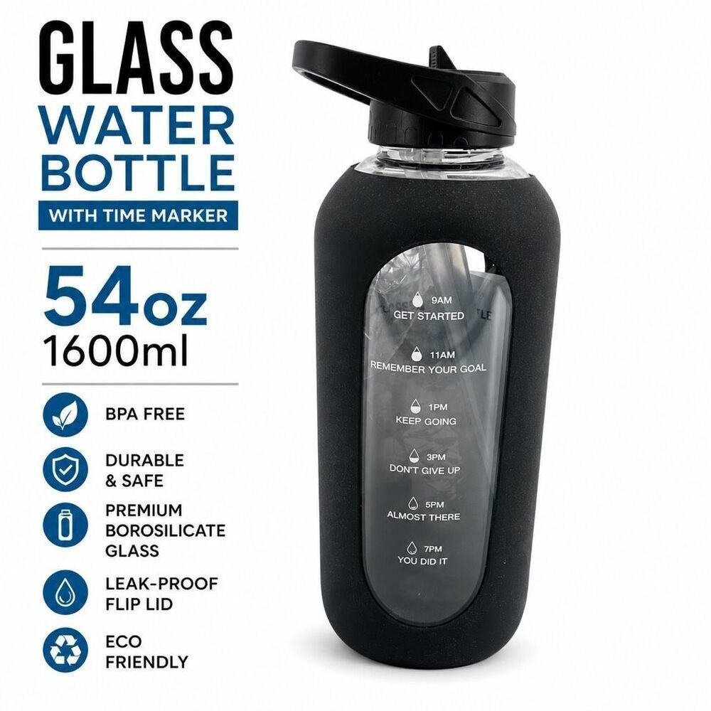 54oz Motivational Glass Water Bottle Time Marker BPA Free New with Accessories